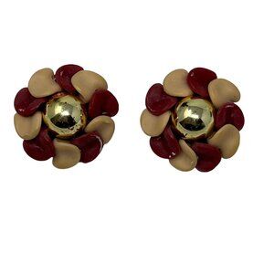 Vintage Earrings Brown‎ Tan Flower Gold Center Clip on Button